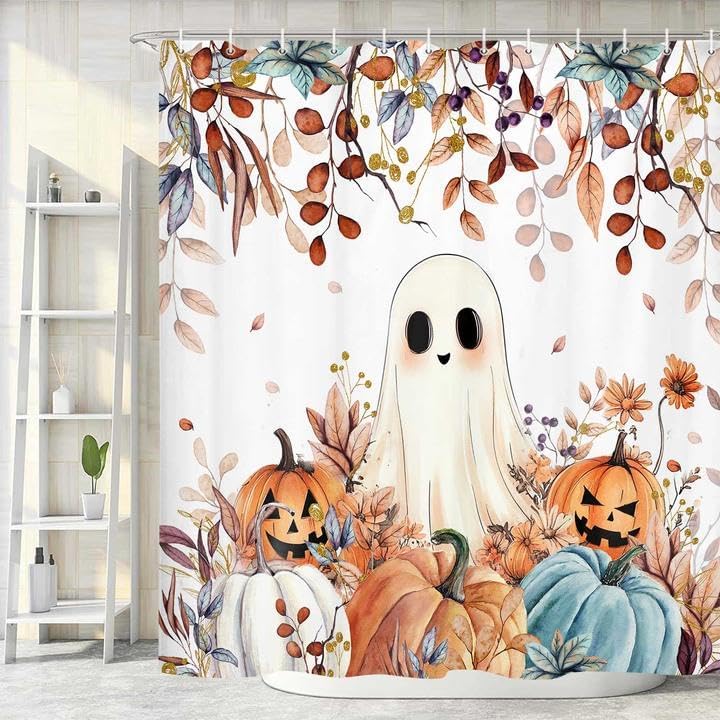 Fall Funny Ghost Shower Curtain, Halloween Pumpkins Harvest Autumn Leaves Decor Bath Curtain, Maple Leaves Spooky Bathroom Accessories Set with Hook 60X70in