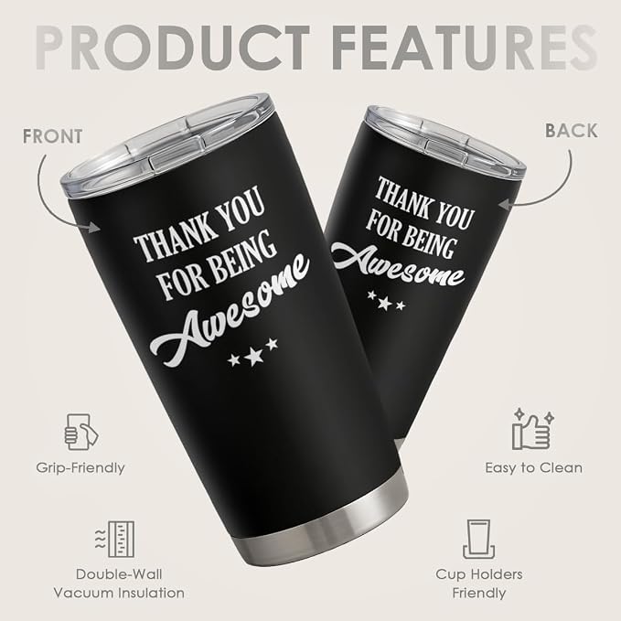 SANDJEST Thank You for Being Awesome Tumbler Gift Set - Birthday, Christmas, Appreciation Inspirational Gifts for Women, Men, Coworkers - 20oz Stainless Steel Insulated Coffee Travel Mug