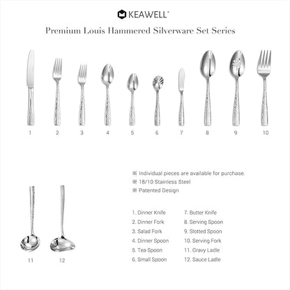 KEAWELL Premium 20/45/65 Piece Louis Hammered Silverware Set with Squared Edge, 18/10 Stainless Steel, Service for 4/8/12, Fine Flatware Set, Dishwasher Safe (20)