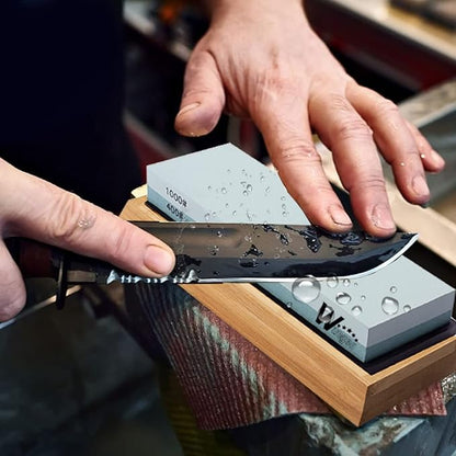 Wucgea Knife Sharpening Stone Kit - 400/1000 3000/8000 Grit Japanese Whetstone Set with Non-Slip Rubber Base, Angle Guide, Flattening Stone and Leather Strop