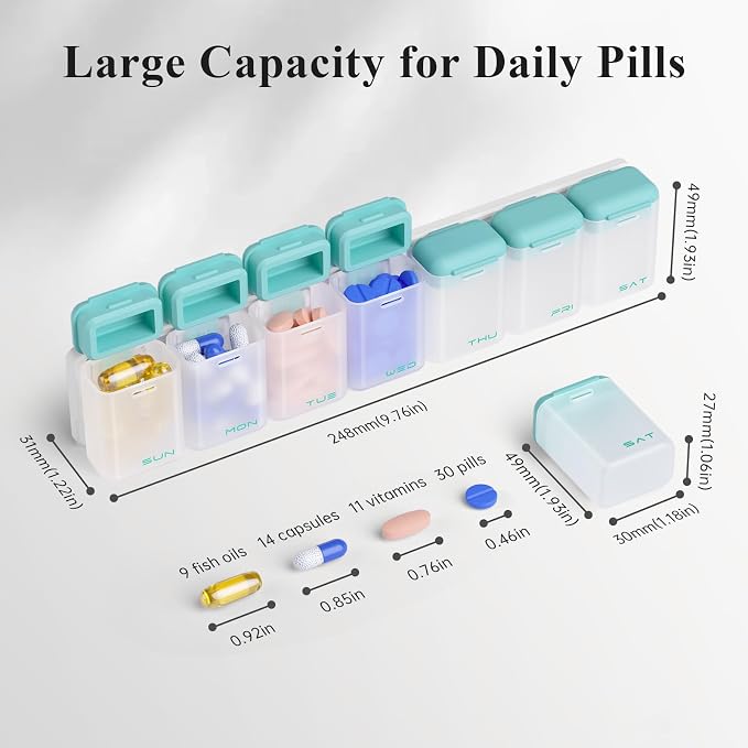KOVIUU Weekly Pill Organizer Magnetic, Removable Pill Box 7 Day 1 Time a Day, Large Pill Case Travel, Week Once Daily Medication Dispenser, Medicine Container Holder for Supplement Vitamin, Cyan