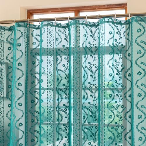 WAZZIO Teal Lace Shower Curtain for Bathroom 72" W x 84" L, Victorian Farmhouse Floral Pattern Tassel Fancy Shower Curtain Boho Washable Cloth Decorative Bath Curtains,1 Panel,Turquoise