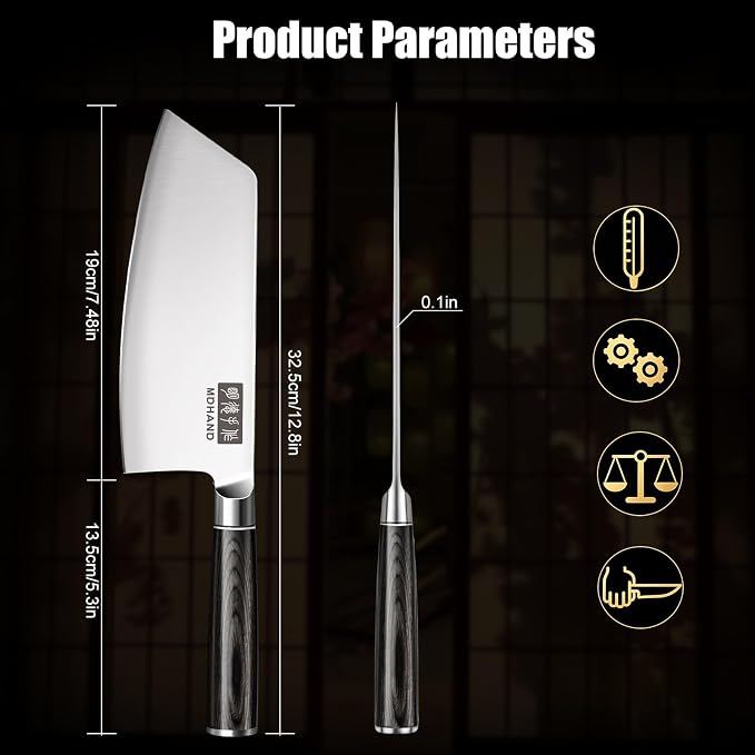 MDHAND 7 Inch Meat Cleaver Butcher Knife, High Carbon Stainless Steel Cleaver Knife with Black Pakkawood Handle, Heavy Duty Bone Chopper for Meat & Vegetables, Home & Restaurant, Chef Gifts