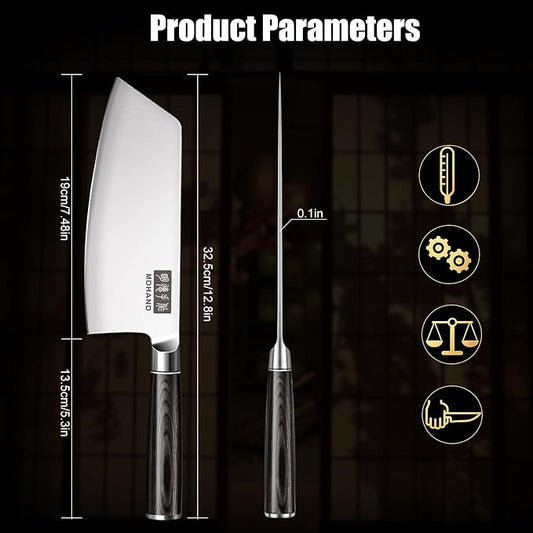 MDHAND 7 Inch Meat Cleaver Butcher Knife, High Carbon Stainless Steel Cleaver Knife with Black Pakkawood Handle, Heavy Duty Bone Chopper for Meat & Vegetables, Home & Restaurant, Chef Gifts