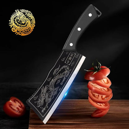 Dragon Engraved Chinese Cleaver with Sheath, High Carbon Stainless Steel Sharp Chef’s Tool for Kitchen, Meat Cleaver, Vegetable or Meat Cutting, Cool for Men, Ideal for Home Cooking or Camping