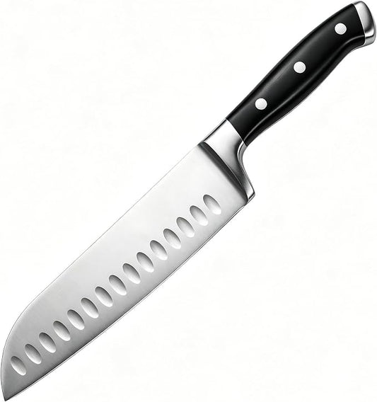 7 Inch High Carbon Steel Santoku Knife, Triple Rivet Kitchen Knives with Ergonomic Handle, Ultra Sharp Japanese Knife for Slicing, Dicing, Chopping Vegetables Meat and Fish