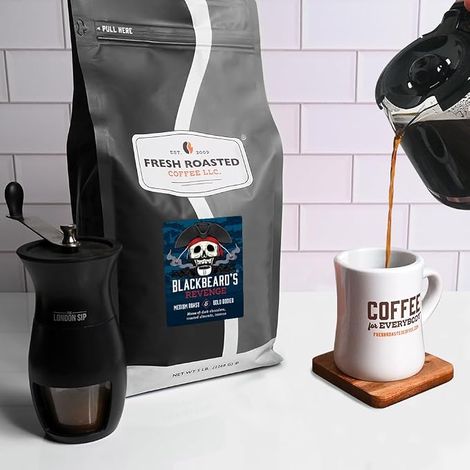 Fresh Roasted Coffee, Blackbeard's Revenge Whole Bean Coffee, Medium Roast, Kosher, 5 lb (80 oz)