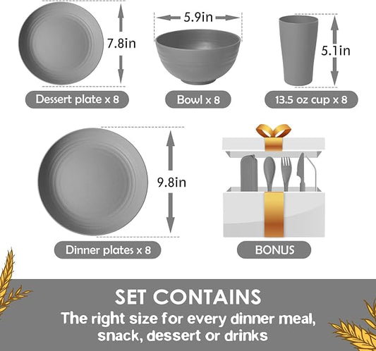 Teivio 32-Piece With Flatware Kitchen Plastic Wheat Straw Dinnerware Sets, Service for 8, Dinner Plates, Dessert Plate, Cereal Bowls, Cups, Unbreakable Plastic Outdoor Camping Dishes, Grey