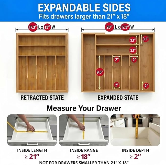 Expandable Bamboo Silverware Drawer Organizer - 20" Extra Wide Cutlery Tray with 9 Deep Compartments - 17.3" Length Large Utensil Holder & Kitchen Drawer Divider (Natural)