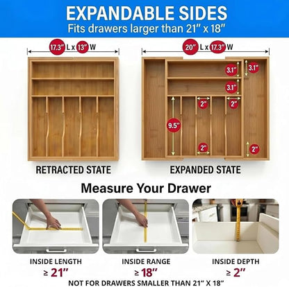 Expandable Bamboo Silverware Drawer Organizer - 20" Extra Wide Cutlery Tray with 9 Deep Compartments - 17.3" Length Large Utensil Holder & Kitchen Drawer Divider (Natural)