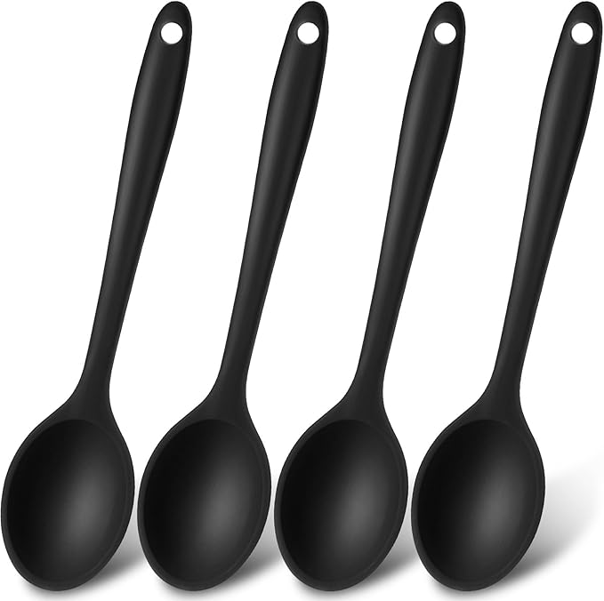 Patelai 4 Pieces Small Silicone Cooking Spoons 8 Inch Heat Resistant Silicone Serving Stirring Spoon for Kitchen Nonstick Cooking Tool Basting Utensils Dishwasher Safe(Black)