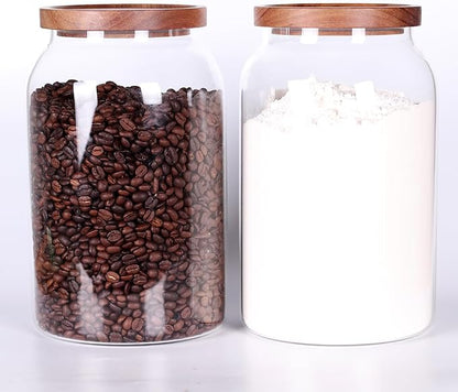 SAIOOL 1 Gallon Glass Jar with Wooden Acacia Airtight Lid,Large Glass Storage Jar set of 2, BPA-Free Cereal Dispenser Jars for flour,Spaghetti Pasta, Powder, Tea, Coffee