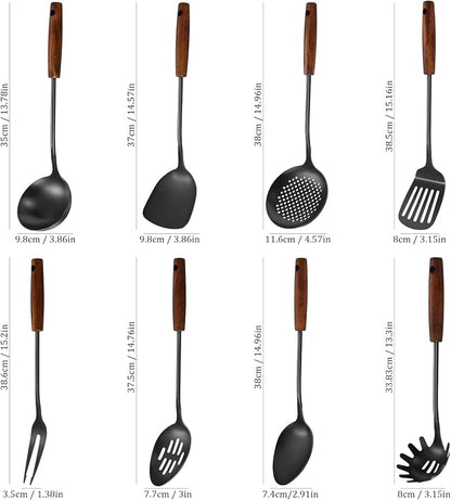 304 Stainless Steel Kitchen Utensils Set, 8 Pcs Long Cooking Utensils Set with Wooden Handle, Large Heat Resistant Kitchen Tools(Black, Dishwasher Safe)