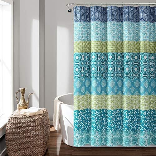 Lush Decor Bohemian Stripe Shower Curtain 72" W x 72" L Blue & Green - Bathroom Curtain - Striped Shower Curtain - Boho Decor - Fabric Shower Curtains