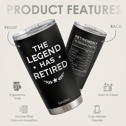 SANDJEST Retirement Tumbler 20oz, Stainless Steel Travel Cup with Lid, The Legend Has Retired Insulated Coffee Mug, Retirement Gifts for Men Coworkers Boss Friends on Birthday Christmas Farewell