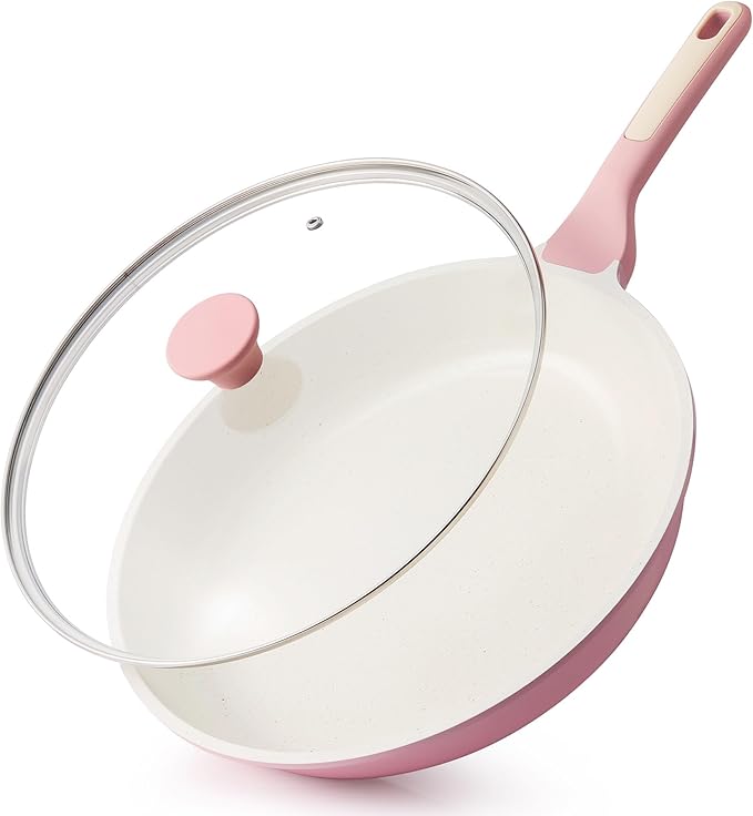 SENSARTE Nonstick Ceramic Frying Pan with Lid 11 Inch Omelet Pan Skillet, Free of Intentionally Added PFAS/PTFE Non-toxic Chef's Pan Induction Compatible Pan, Heat Resistant Handle, Sakura Pink