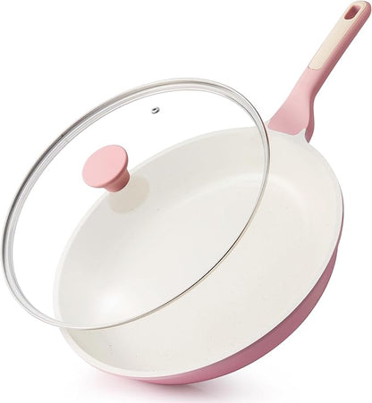 SENSARTE Nonstick Ceramic Frying Pan with Lid 12.5 Inch Cooking Pan Skillet, Free of Intentionally Added PFAS/PTFE Non-toxic Chef's Pan Induction Compatible Pan, Heat Resistant Handle, Sakura Pink