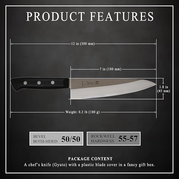 Japanese Chef Knife Molybdenum Vanadium Stainless Steel w/o Bolster, Gyuto 7-inch (180mm) Dishwasher Safe