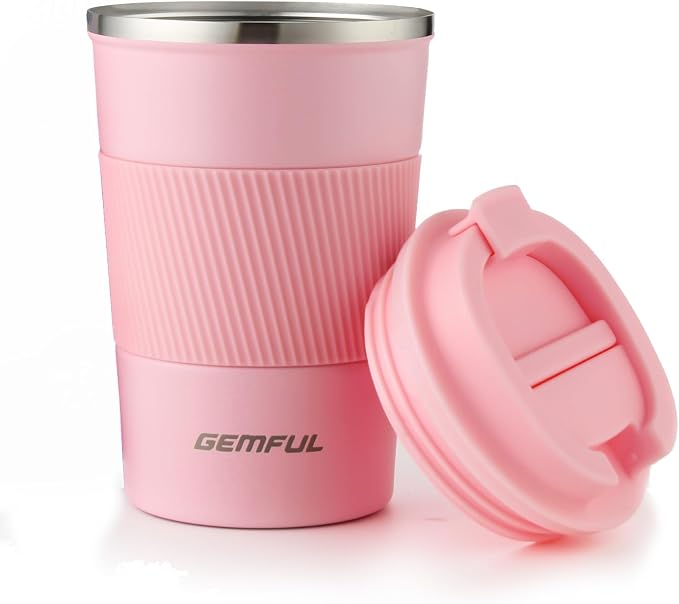 GEMFUL Travel Coffee Mug 13 oz Insulated Coffee Tumbler To Go with Lid Leak Proof Vacuum Stainless Steel Reusable for Hot Cold Drinks (Pink)