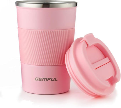 GEMFUL Travel Coffee Mug 13 oz Insulated Coffee Tumbler To Go with Lid Leak Proof Vacuum Stainless Steel Reusable for Hot Cold Drinks (Pink)
