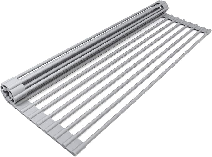 Sorbus Roll-Up Dish Drying Rack [Large 20.5'' X 13"] Over The Sink Drying Mat,- Multipurpose Dish Drainer - Fruits and Vegetable Rinser - Durable Silicone Covered Stainless Steel (Warm Gray)