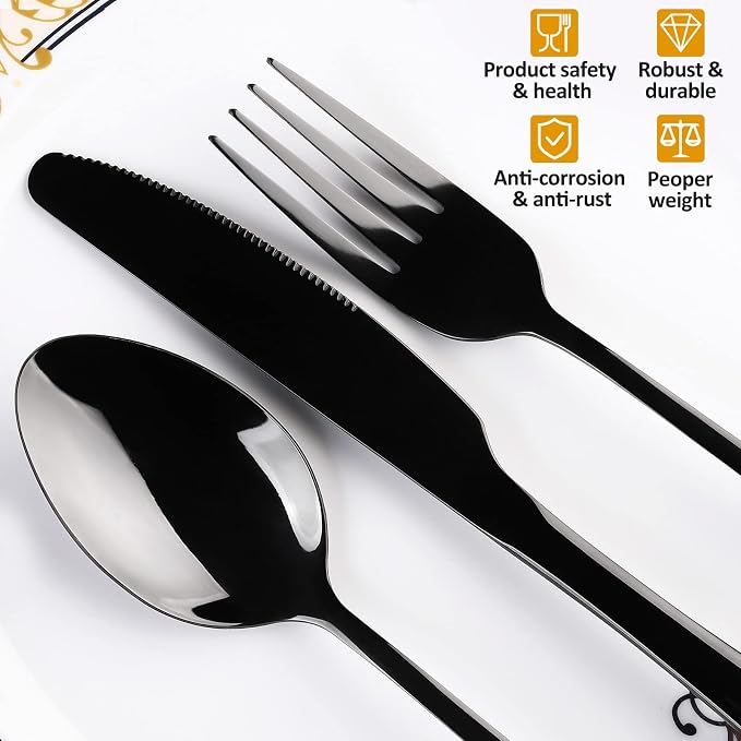 Black Flatware Set for 8,40-Piece Silverware Set for 8, SANLUNS Utensil Sets Tableware Cutlery, Mirror Polished, Dishwasher Safe