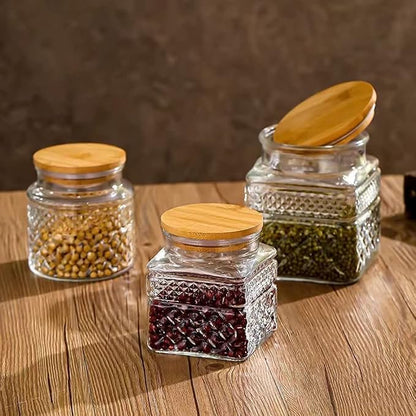 Glass Storage Jars Vintage Embossed Canisters Food Cereal Storage Containers with Bamboo Lid, Decorative Jars for Kitchen Counter,Pantry,Set 3-Piece Glass Jars in 60oz/40oz/20oz (Square)