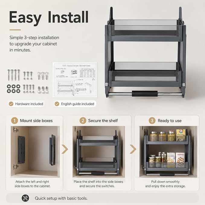 Pull Down Cabinet Shelf 2 Tier Pull-Out Cabinet Organizer Adjustable Bearing Kitchen Cabinet Organizer Shelves with Double-Lever, Drop Down Shelf Organizer Spice Rack System for Dish Rack