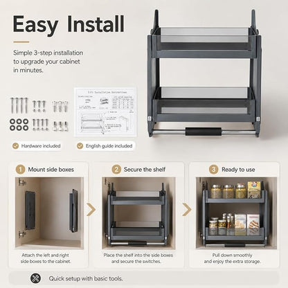 Pull Down Cabinet Shelf 2 Tier Pull-Out Cabinet Organizer Adjustable Bearing Kitchen Cabinet Organizer Shelves with Double-Lever, Drop Down Shelf Organizer Spice Rack System for Dish Rack