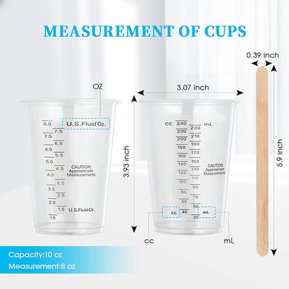 200 PACK Plastic Measuring Cups, 8 oz Disposable Mixing Cups with 100 Wooden Mixing Sticks, Can Be Used for Epoxy Resin, Liquid Measuring, Paint, Cooking and Baking