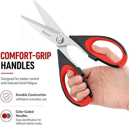 iBayam 3-Pack 8.5"Kitchen Scissors All Purpose Heavy Duty with Protective Sheath, Soft Comfort Grip Handle, Dishwasher Safe Kitchen Utensils Gadgets Set, Stainless Cooking Meat Poultry Food Shears