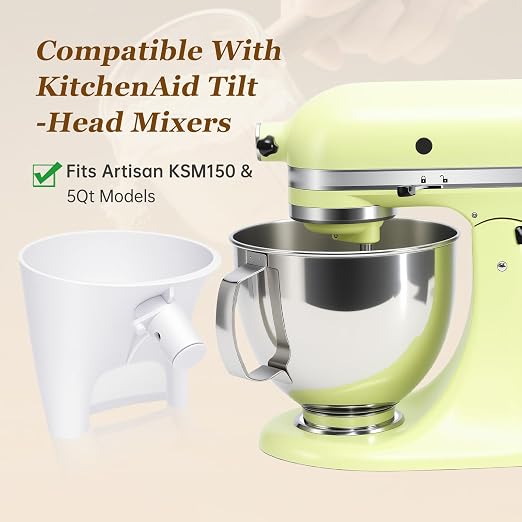 White Flour Funnel for Kitchen Aid Mixer, Stand Mixer Accessories for 5 Qt Tilt-Head Models, Compatible with KitchenAid Artisan KSM150, Easy Pour Attachment, Dishwasher Safe Baking Tool