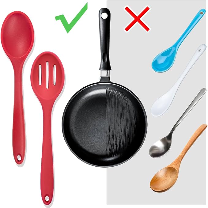 8 Pcs Heat Resistant Non Stick Silicone Serving Spoons Set -Ideal for Cooking, Baking, Mixing, Stirring Includes Slotted & Solid Spoons, Design for Nonstick Cookware (Red)