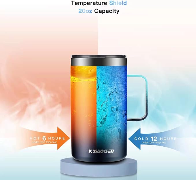 KXIAOCHEN 20oz Insulated Coffee Mug with Lid, Stainless Steel Coffee Cup, Double Wall Vacuum Coffee Tumbler with Handle, Premium Thermal Travel Coffee Mug (Green+navy)