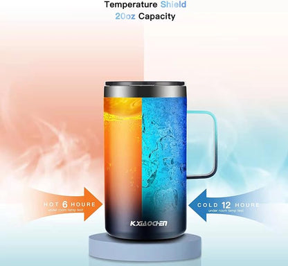 KXIAOCHEN 20oz Insulated Coffee Mug with Lid, Stainless Steel Coffee Cup, Double Wall Vacuum Coffee Tumbler with Handle, Premium Thermal Travel Coffee Mug (Green+navy)