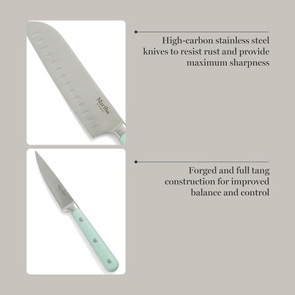 MARTHA STEWART Eastwalk 14 Piece High Carbon Stainless Steel Cutlery Knife Block Set w/ABS Triple Riveted Forged Handle Acacia Wood Block - Martha Blue