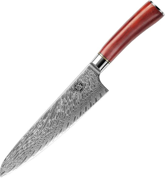 MITSUMOTO SAKARI 7.5-Inch Japanese Santoku Knife, VG-10 Damascus Steel | Wide Santoku blade for slicing, dicing and mincing, 67-layer VG-10 Damascus steel for daily kitchen prep