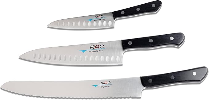 MAC Knife Chef series 3-piece starter knife set CHEF-32, TH-80 Chef series 8" dimpled Chef's knife, TH-50 Chef series 5" dimpled Paring knife, SB-105 Superior series 10.5" Bread knife, made in Japan