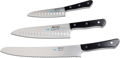 MAC Knife Chef series 3-piece starter knife set CHEF-32, TH-80 Chef series 8" dimpled Chef's knife, TH-50 Chef series 5" dimpled Paring knife, SB-105 Superior series 10.5" Bread knife, made in Japan