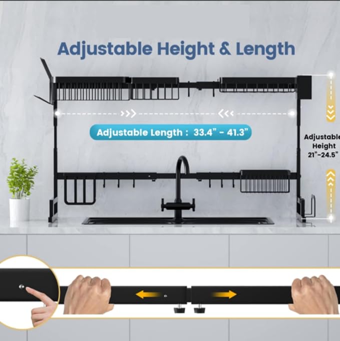Large Over The Sink Dish Drying Rack (33.4"-41.3") 2 Tier Length Adjustable Dish Drainer for Kitchen Sink Auto Drainage Space Saving Kitchen Organizer, Black (33.4“-41.3”)