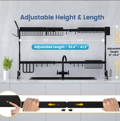 Large Over The Sink Dish Drying Rack (33.4"-41.3") 2 Tier Length Adjustable Dish Drainer for Kitchen Sink Auto Drainage Space Saving Kitchen Organizer, Black (33.4“-41.3”)