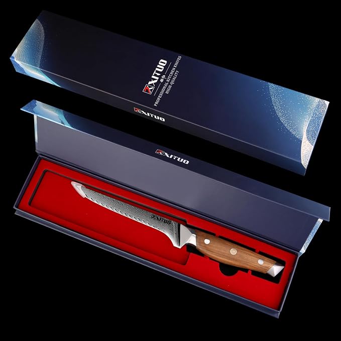XITUO 6-Inch Boning Knife, Damascus Steel Sharp Blade with Olive Wood Handle – Heavy Duty Meat Trimmer for Steak, Ribs & Turkey, Great Gift for Cooking Enthusiasts