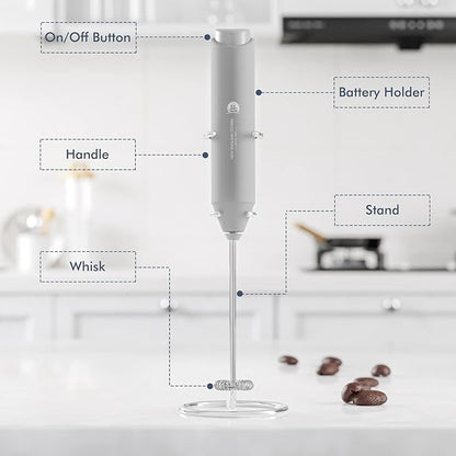 Powerful Milk Frother Handheld Foam Maker, Mini Whisk Drink Mixer for Coffee, Cappuccino, Latte, Matcha, Hot Chocolate, With Stand, Grey