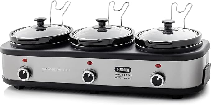 OVENTE Stainless Steel Triple Slow Cooker Buffet Server with Glass Lid & Temperature Control, 3 Section Station Portable 4.5 QT Ceramic Pot Food Warmer Easy Clean for Holiday Dinner, Silver SLO315CBR