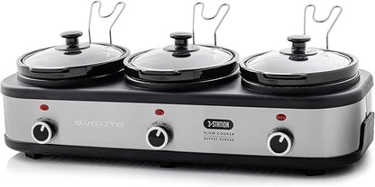 OVENTE Stainless Steel Triple Slow Cooker Buffet Server with Glass Lid & Temperature Control, 3 Section Station Portable 4.5 QT Ceramic Pot Food Warmer Easy Clean for Holiday Dinner, Silver SLO315CBR