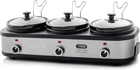 OVENTE Stainless Steel Triple Slow Cooker Buffet Server with Glass Lid & Temperature Control, 3 Section Station Portable 4.5 QT Ceramic Pot Food Warmer Easy Clean for Holiday Dinner, Silver SLO315CBR