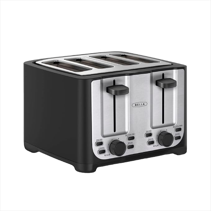 bella 4 Slice Toaster with Auto Shut Off, Extra Wide Slots & Removable Crumb Tray and Cancel, Defrost & Reheat Function, Toast Bread & Bagel, Black