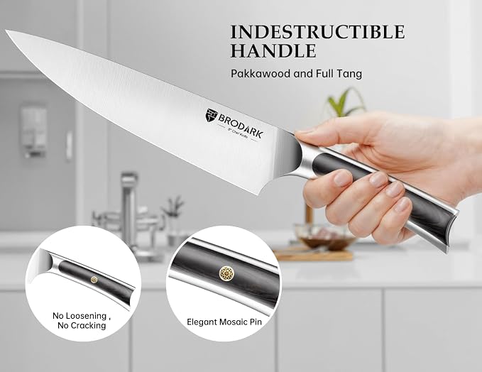 BRODARK 15 PCS Knife Set with Block,Pakkawood Handle Kitchen Knife Set | Ultra Sharp Chef Knife set with sharpener, High Carbon Stainless Steel, Non-Slip Grip for Cooking, Gift Box for Dad Father