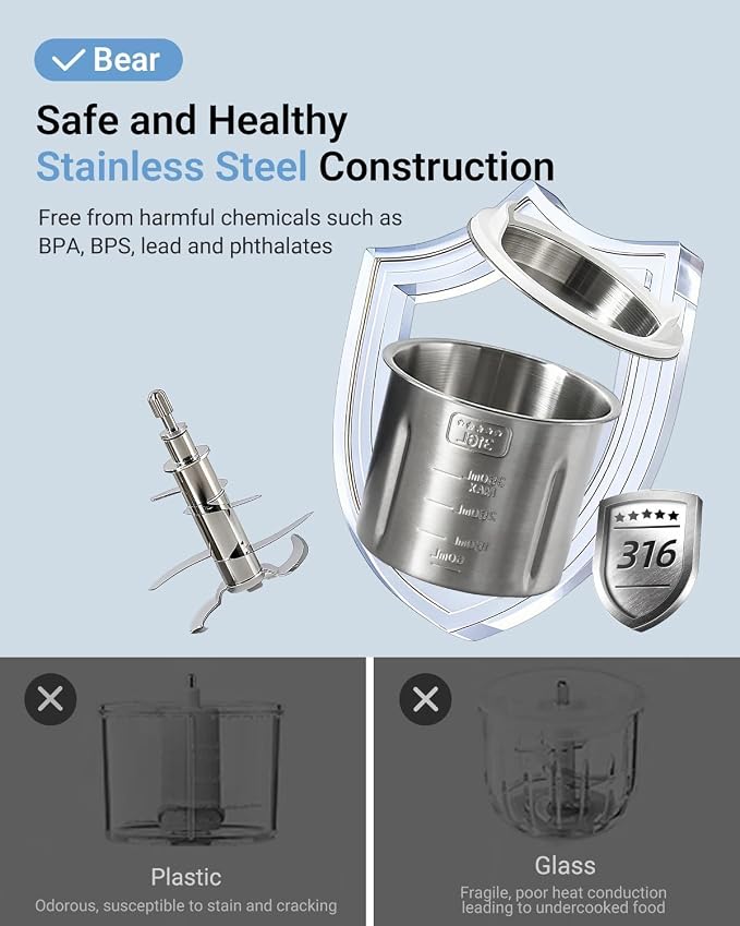 Bear All-Stainless Steel Baby Food Maker, NutriEase 3-Stage Texture, OneStep Baby Food Processor Puree Maker, Preset Function, Self-Clean&Dishwasher safe, Effortless Healthy Homemade Baby Food,Upgrade