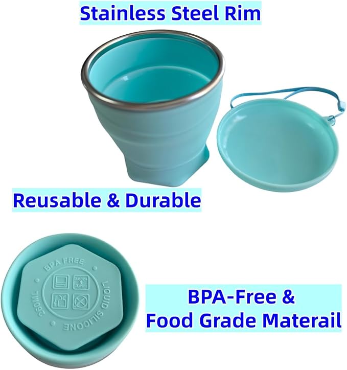 Collapsible Cup, 8.8oz 260ml Foldable Travel Mini Coffee Mug, BPA Free Silicone Water Cup and Lid with Stainless Steel Rim, Portable Pocket Cup for Outdoor, Hiking, Camping & Kids （Blue）